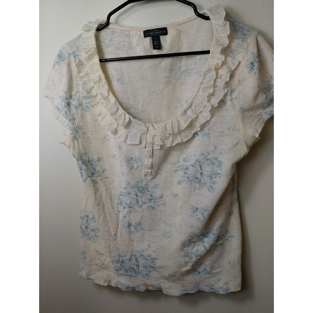 Ralph Lauren Women's Top Henley Top‎ Sleeve Ivory Ruffle cotton SZ L Boho Y2k